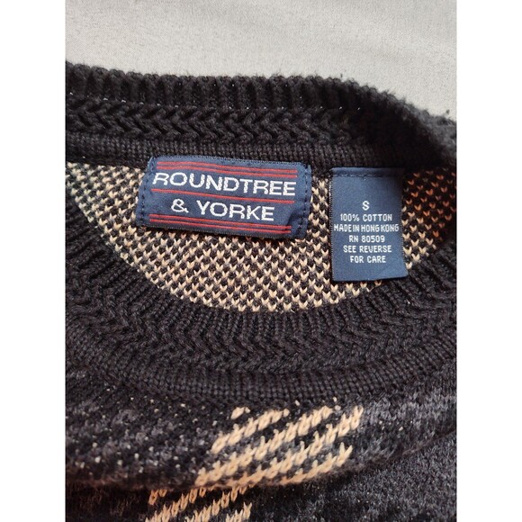 Men's Roundtree and Yorke Plaid Crewneck Sweater Black Beige Small - Picture 5 of 5